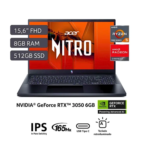 ACER NITRO V15 ANV15-41-RORX (NH.QPFAL.007)  AMD RYZEN 5 7535HS / 8GB DDR5 / 512GB SSD / 15.6" FHD -165HZ / NVIDIA GEFORCE RTX 3050-6GB / WINDOWS 11 HOME