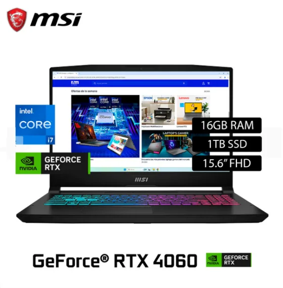 MSI KATANA 15 B13VFK-2049US (9S7-158571-2230)  Intel Core i7-13620H(10N/16SUB) / 16GB DDR5 / 1TB SSD / 15.6"FHD -144HZ / TECLADO AMERICANO RETROILUMINADO / NIVIDIA GEFORCE RTX 4060-8GB / WINDOWS 11 HOME / BATERIA:3 CELL